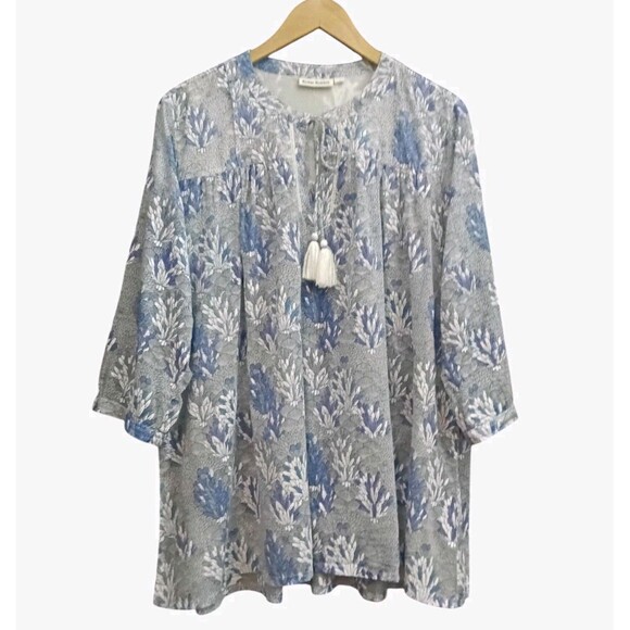 Roller Rabbit Sz. L Cotton Lightweight 3/4 Sleeve Tie Neck Popover Top - Picture 1 of 14